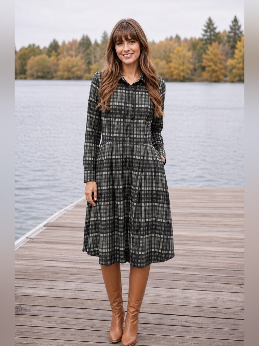 Gal Meets Glam Plaid Button Front Midi Dress Green Black Size 6